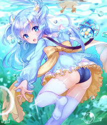 Rule 34 | 1girl, :o, ass, baikamo (flower knight girl), bird, blue dress, blue eyes, blue hair, blue one-piece swimsuit, blue theme, bow, bubble, dress, flower, flower knight girl, hair flower, hair ornament, highres, long hair, looking at viewer, one-piece swimsuit, open mouth, outstretched hand, piyoyanagi, school swimsuit, signature, solo, swimsuit, swimsuit under clothes, thighhighs, two side up, underwater, white thighhighs, yellow bow