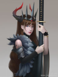 Rule 34 | 1girl, arm warmers, bad id, bad pixiv id, black wristband, blue eyes, brown hair, grey background, headpiece, highres, horns, jewelry, katana, long hair, looking at viewer, original, parted lips, peppa pig, peppa pig (series), ring, sheath, sheathed, solo, standing, sword, tattoo, watermark, weapon, yizhibao