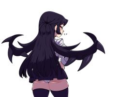 Rule 34 | 1girl, anger vein, ass, black giraffe, black hair, blush, closed eyes, cowboy shot, filia (skullgirls), from behind, grin, hands on own hips, highres, long hair, looking at viewer, looking back, meme, panties, pleated skirt, red eyes, samson (skullgirls), school uniform, skindentation, skirt, skullgirls, smile, thighhighs, thour (meme), underwear, white background