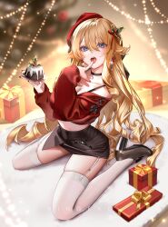 Rule 34 | 1girl, absurdres, black choker, black skirt, blonde hair, blue eyes, box, bra strap, choker, closed mouth, cropped sweater, finger to mouth, food, full body, garter straps, genshin impact, gift, gift box, hair between eyes, hair ornament, high heels, highres, holding, holding plate, long hair, mistletoe, navia (genshin impact), off shoulder, open mouth, plate, red headwear, red nails, red sweater, ringeko-chan, skirt, solo, sweater, thighhighs, tongue, tongue out, very long hair, war, white thighhighs