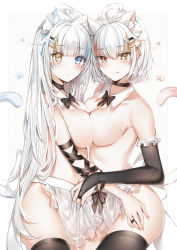 Rule 34 | 2girls, :o, ahoge, animal ear fluff, animal ears, apron, beige background, black bridal gauntlets, black choker, black legwear, blue eyes, blunt bangs, bow, bowtie, breast press, breasts, bridal gauntlets, cat ears, cat tail, choker, closed mouth, cowboy shot, detached collar, frilled apron, frills, from side, hair ornament, hairclip, heterochromia, highres, jewelry, large breasts, long hair, looking at viewer, maid, maid headdress, mole, mole on breast, multiple girls, original, parted lips, red eyes, ring, short hair, silver hair, simple background, smile, symmetrical docking, tail, thighhighs, very long hair, white apron, white headwear, yellow eyes, yukineko1018