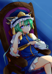 Rule 34 | 1girl, absurdres, asyuaffw, blue background, blue eyes, chair, crossed legs, green hair, hat, hat ribbon, head rest, highres, light beam, long sleeves, looking at viewer, ribbon, rod of remorse, shiki eiki, short hair, simple background, sitting, skirt, skirt set, smile, solo, touhou