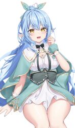 Rule 34 | 1girl, ahoge, aqua nails, black corset, blue hair, blush, bow, breasts, capelet, cleavage, corset, dress, elf, gold trim, green capelet, green corset, green nails, green skirt, green wrist cuffs, hair ribbon, heart, heart ahoge, highres, hololive, kag tsukimi, lace, lace-trimmed collar, lace-trimmed dress, lace trim, large bow, large breasts, long hair, looking at viewer, official alternate costume, pointy ears, ribbon, simple background, sitting, skirt, smile, solo, virtual youtuber, white background, yellow eyes, yukihana lamy, yukihana lamy (5th costume)