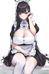 Rule 34 | 1girl, apron, black dress, black hair, blue archive, blunt bangs, blush, bow, breasts, cleavage, dress, frilled apron, frills, hair ornament, hairclip, halo, highres, huge breasts, long hair, looking at viewer, maid, maid apron, maid headdress, mono (mo n mno), puffy short sleeves, puffy sleeves, red eyes, rio (blue archive), short sleeves, sitting, solo, thighhighs, very long hair, waist apron