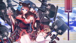 Rule 34 | animal ear fluff, animal ears, azur lane, black hair, black kimono, blue eyes, blunt bangs, blush, breasts, butterfly hair ornament, cat ears, cat mask, commentary request, full body, fusou (azur lane), hair ornament, highres, japanese clothes, kimono, large breasts, long hair, long sleeves, looking at viewer, mask, mask on head, multiple girls, red eyes, short hair, smile, thighhighs, white legwear, wide sleeves, yamashiro (azur lane), yasato