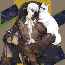 Rule 34 | 1boy, animal, ascot, black gloves, blue eyes, brown footwear, brown suit, cat, chair, cowboy shot, formal, gloves, gojou satoru, hair between eyes, hand on own face, highres, jacket, jujutsu kaisen, long sleeves, looking at viewer, male focus, pants, parted lips, plaid, plaid jacket, plaid pants, s o i, shirt, shoes, short hair, sitting, smile, solo, suit, sunglasses, white cat, white hair, white shirt