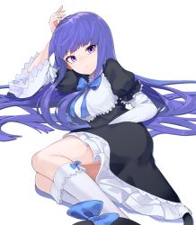 Rule 34 | 1girl, arm up, black dress, black footwear, blue bow, blue bowtie, bow, bowtie, cat tail, closed mouth, dress, expressionless, frederica bernkastel, highres, kneehighs, layered sleeves, legs together, long hair, long sleeves, looking at viewer, lying, on side, puffy short sleeves, puffy sleeves, purple eyes, purple hair, short over long sleeves, short sleeves, sidelocks, simple background, socks, solo, tail, umineko no naku koro ni, usuaji, white background, wide sleeves