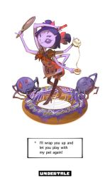 Rule 34 | 1girl, arthropod girl, bad id, bad pixiv id, bug, comb, copyright name, cup, doughnut, english text, extra arms, extra eyes, fangs, faux figurine, food, garakuta omocha, hair ribbon, insect girl, koyoi mitsuki, mirror, muffet, one eye closed, purple eyes, ribbon, silk, spider, spider girl, spider web, tea, teacup, teapot, twintails, two side up, undertale