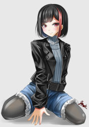 Rule 34 | &gt;:), 1girl, bang dream!, belt, belt buckle, between legs, black belt, black hair, black jacket, blue shorts, blue sweater, blush, buckle, chain, closed mouth, commentary request, full body, fur-trimmed shorts, fur trim, grey background, grey pantyhose, hand between legs, jacket, leather, leather jacket, mitake ran, multicolored hair, open clothes, open jacket, pantyhose, red eyes, red hair, ribbed sweater, short shorts, shorts, signature, sitting, smile, solo, streaked hair, sweater, v-shaped eyebrows, wariza, yumibakama meme