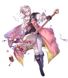 Rule 34 | 1girl, ascot, black footwear, black gloves, boots, bouquet, breasts, buttons, capelet, checkered clothes, coat, effie (fire emblem), essual (layer world), female focus, fire emblem, fire emblem fates, fire emblem heroes, flower, full body, gloves, gold trim, green eyes, hair bun, hair ornament, highres, holding, knee boots, long sleeves, looking away, medium breasts, nintendo, non-web source, official art, open clothes, pants, parted lips, pink coat, pink flower, pink rose, rose, sidelocks, solo, torn clothes, torn pants, torn sleeves, transparent background, white flower, white hair, white pants, white rose
