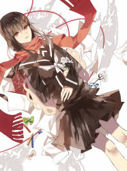 Rule 34 | 1girl, bad id, bad pixiv id, bottle, bow, bowtie, brown hair, brown skirt, chocolate (jitong), crayon, dutch angle, enpera, flower, hair ribbon, highres, kagerou project, long hair, looking at viewer, open mouth, red eyes, red scarf, ribbon, scarf, skirt, solo, tateyama ayano