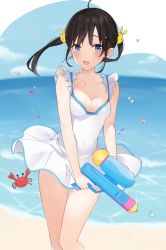 Rule 34 | 1girl, ahoge, bare arms, bare shoulders, beach, black hair, blush, breasts, cleavage, collarbone, commentary request, crab, day, fang, hair ornament, highres, holding, inanami, looking at viewer, medium breasts, ocean, one-piece swimsuit, open mouth, original, rabbit hair ornament, short hair, solo, swimsuit, twintails, water drop, water gun, white one-piece swimsuit
