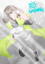 Rule 34 | 1girl, ;), aqua eyes, artist name, artist request, black footwear, black shirt, blue eyes, blurry, blurry background, blush, breasts, brown hair, buttons, cape, female focus, full body, green cape, grey hair, hair between eyes, hand wave, indoors, light brown hair, long sleeves, looking at viewer, love live!, love live! sunshine!!, one eye closed, pants, shirt, shoes, short hair, small breasts, smile, solo, sparkle, sunlight, turtleneck, watanabe you, white pants
