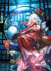 Rule 34 | 1girl, ahoge, bare shoulders, earrings, expressionless, fish, flower, fuzichoco, goldfish, highres, japanese clothes, jewelry, kimono, looking at viewer, medium hair, obi, off shoulder, original, red eyes, red kimono, sash, sitting, solo, underwater, water, white flower, white hair, wide sleeves