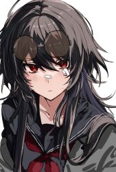 bandaid bandaid_on_cheek bandaid_on_face bandaid_on_nose black_hair black_jacket black_sailor_collar black_serafuku black_shirt blush cardigan collarbone eyewear_on_head grey_cardigan hair_between_eyes highres iris_black_games jacket kisaragi_ren_(5th_costume) kisaragi_ren_(vtuber) long_hair maya_fa neckerchief red_eyes red_neckerchief round_eyewear sailor_collar school_uniform serafuku shirt sidelocks simple_background upper_body virtual_youtuber vspo! white_background wolf_cut