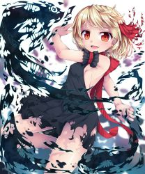Rule 34 | &gt;:d, 1girl, :d, alternate costume, arm cuffs, backless dress, backless outfit, bare shoulders, black dress, blonde hair, bow, cowboy shot, darkness, dress, fang, frills, hair ribbon, looking at viewer, neck ribbon, open mouth, orange eyes, red bow, red ribbon, ribbon, rumia, short hair, smile, solo, torn clothes, torn dress, torn ribbon, touhou, uumaru1869, v-shaped eyebrows