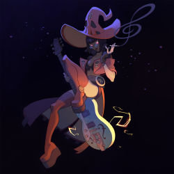 Rule 34 | 1girl, breasts, cleavage, electric guitar, glowing, glowing eyes, guilty gear, guilty gear strive, guitar, hat, highres, i-no, instrument, jacket, looking at viewer, looking over glasses, midriff, nathan dupouy, short hair, sunglasses, thighhighs, tinted eyewear, witch hat