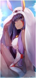 Rule 34 | 1girl, absurdres, bad id, bad twitter id, blush, bracelet, breasts, closed mouth, competition swimsuit, covered erect nipples, dark-skinned female, dark skin, day, earrings, facial mark, fate/grand order, fate (series), foreshortening, from side, hair between eyes, highres, hoop earrings, jewelry, long hair, looking at viewer, looking to the side, medium breasts, medjed (fate), nitocris (fate), nitocris (fate/grand order), nitocris (swimsuit assassin) (fate), nitocris (swimsuit assassin) (second ascension) (fate), one-piece swimsuit, purple eyes, purple hair, sitting, smile, solo, sunlight, swimsuit, wada kazu