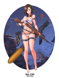 Rule 34 | anklet, barefoot, bikini, bolt action, breasts, brown hair, character name, cleavage, fish, frilled bikini, frills, gun, hair ornament, hair over one eye, hairclip, headphones, headphones around neck, highres, jewelry, kantai collection, looking at viewer, m1903 springfield, ocean, orange eyes, pacific (kancolle), rifle, scope, short hair, signature, sima naoteng, skindentation, smile, solo, swimsuit, thigh strap, torpedo, trigger discipline, uss tautog (ss-199), watch, weapon