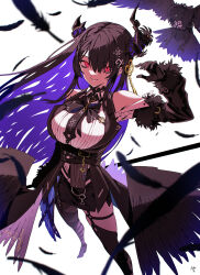 Rule 34 | 1girl, asymmetrical horns, bare shoulders, bird, black hair, blue hair, breasts, clothing cutout, colored inner hair, crow, demon horns, dress, fur trim, hair ornament, highres, hololive, hololive english, horns, large breasts, long hair, looking at viewer, mole, mole under eye, multicolored hair, nerissa ravencroft, nerissa ravencroft (1st costume), red eyes, shadow (nerissa ravencroft), shoulder cutout, smile, solo, taka t, two-tone hair, uneven horns, virtual youtuber, wings