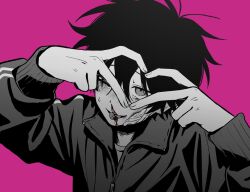 Rule 34 | 1boy, absurdres, blood, blood on face, commentary, gauze, gauze on cheek, greyscale, hair between eyes, heart, heart hands, highres, imai akira, jacket, long sleeves, looking at viewer, male focus, monochrome, nosebleed, one eye closed, original, pink background, simple background, solo, spot color, sweat, symbol-only commentary, tears, tongue, tongue out, track jacket, upper body