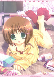 Rule 34 | 1girl, :d, barefoot, bed, brown hair, feet, female focus, flat chest, food, full body, green eyes, hair ornament, hairclip, highres, indoors, long sleeves, nightgown, oono tetsuya, open mouth, red socks, short hair, sleeves past wrists, smile, sock dangle, sock pull, socks, soles, solo