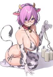 Rule 34 | 1girl, absurdres, animal collar, animal ears, animal print, aochoku, bell, bikini, bottle, breast pump, breasts, collar, cow ears, cow girl, cow horns, cow print, cow print bikini, cow tail, elbow gloves, fake animal ears, fake tail, fate/grand order, fate (series), glasses, gloves, highres, horns, lactation, lactation through clothes, large breasts, mash kyrielight, milk, milk bottle, milking machine, neck bell, pink hair, print bikini, side-tie bikini bottom, swimsuit, tail, thighhighs