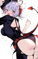 Rule 34 | 1girl, ambience synesthesia, antenna hair, arknights, ass, bent over, black dress, black hat, black panties, black pantyhose, blush, breasts, demon girl, demon horns, demon tail, dress, embarrassed, flying sweatdrops, from behind, grey hair, hat, highres, horns, kyuu (plastic night q), looking at viewer, looking back, medium breasts, official alternate costume, open mouth, panties, pantyhose, red eyes, short dress, short hair, simple background, solo, tail, tilted headwear, torn clothes, torn pantyhose, underwear, v-shaped eyebrows, w (arknights), w (wanted) (arknights), white background