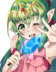 Rule 34 | 1girl, fire emblem, fire emblem: mystery of the emblem, fire emblem heroes, food, green eyes, green hair, long hair, maji (majibomber), nintendo, one eye closed, open mouth, pointy ears, popsicle, simple background, solo, swimsuit, tiara, tiki (fire emblem), tiki (young) (fire emblem), twitter username, v, white background