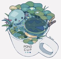 Rule 34 | :o, afloat, artist name, cattail, closed eyes, color guide, commentary request, creatures (company), cup, game freak, gen 2 pokemon, gen 3 pokemon, highres, in container, in cup, lily pad, looking at another, lotad, lotus leaf, mug, nintendo, no humans, o o, open mouth, partially submerged, plant, pokemon, pokemon (creature), shino (shinoru p), simple background, water, water drop, white background, wooper