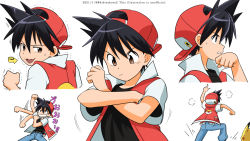 Rule 34 | 1boy, arm up, arrow (symbol), backwards hat, baseball cap, black hair, black shirt, brown eyes, clenched hand, closed mouth, commentary request, creatures (company), crossed arms, game freak, gen 1 pokemon, hair between eyes, hand up, hat, index finger raised, jacket, kibisakura2, looking back, male focus, motion lines, nintendo, open mouth, pikachu, pokemon, pokemon (creature), pokemon adventures, red (pokemon), shirt, short sleeves, sweatdrop, tongue, trembling
