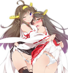 Rule 34 | 2girls, ahoge, ass, bare shoulders, blush, boots, breasts, brown eyes, brown hair, butt crack, clothes lift, detached sleeves, double bun, embarrassed, groin, hair between eyes, hair bun, hair ornament, hairband, hairclip, half-closed eye, haruna (kancolle), headgear, highres, japanese clothes, kantai collection, kongou (kancolle), large breasts, long hair, looking at viewer, mtu (orewamuzituda), multiple girls, nontraditional miko, one eye closed, open mouth, panties, panty tug, purple eyes, remodel (kantai collection), shiny skin, sidelocks, simple background, skindentation, skirt, skirt lift, smile, thigh boots, thighhighs, thighs, underwear, white background, white panties