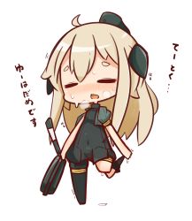 Rule 34 | 10s, 1girl, blonde hair, chibi, covered navel, cropped jacket, full body, garrison cap, hair between eyes, hair ornament, hat, highres, kantai collection, kneeling, long hair, long sleeves, machinery, melting, military, military uniform, nuu (nu-nyu), open mouth, silver hair, simple background, solo, standing, standing on one leg, sweatdrop, translation request, u-511 (kancolle), uniform, white background