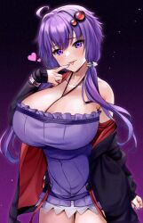 Rule 34 | 1girl, :p, ahoge, alternate breast size, black jacket, blush, bracelet, breasts, cleavage, closed mouth, collarbone, cowboy shot, dress, finger to mouth, glaze protected image, gradient background, hair ornament, hairpin, halter dress, halterneck, heart, highres, huge breasts, jacket, jewelry, looking at viewer, nail polish, off shoulder, open clothes, open jacket, purple background, purple dress, purple eyes, purple hair, purple nails, short dress, short hair with long locks, sidelocks, single bare shoulder, smile, tenneko yuuri, tongue, tongue out, voiceroid, yuzuki yukari