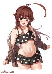 Rule 34 | 1girl, ahoge, bare shoulders, bikini, bikini skirt, blush, breasts, brown eyes, brown hair, collarbone, cowboy shot, cropped legs, ebifurya, fang, floating hair, groin, highres, huge ahoge, kantai collection, kuma (kancolle), long hair, long sleeves, looking at viewer, medium breasts, navel, one-hour drawing challenge, open clothes, open mouth, open shirt, polka dot, polka dot bikini, simple background, sleeves past wrists, smile, solo, swimsuit, thighs, twitter username, white background, wide hips