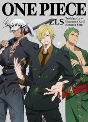 Rule 34 | 3boys, artist request, black hair, chest tattoo, cover, crossed arms, facial hair, fake cover, formal, green hair, hat, highres, holding, holding sword, holding weapon, katana, looking at viewer, multiple boys, muscular, muscular male, one piece, roronoa zoro, sanji (one piece), scar, short hair, simple background, smile, standing, suit, sword, tattoo, trafalgar law, weapon