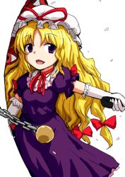 Rule 34 | 1girl, bad id, bad pixiv id, ball, blonde hair, chain, dai-erie, dress, elbow gloves, gap (touhou), gerijita, gloves, hair ribbon, hat, hat ribbon, looking at viewer, mob cap, neck ribbon, open mouth, outstretched arm, petals, puffy short sleeves, puffy sleeves, purple dress, purple eyes, ribbon, short sleeves, simple background, solo, touhou, tress ribbon, white background, white gloves, yakumo yukari