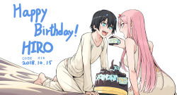 Rule 34 | 10s, 1boy, 1girl, all fours, aqua eyes, barefoot, birthday cake, black hair, blue horns, cake, chicke iii, darling in the franxx, dated, feeding, food, hairband, happy birthday, highres, hiro (darling in the franxx), horns, long hair, open mouth, pink hair, simple background, spoilers, white background, zero two (darling in the franxx)