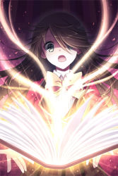 Rule 34 | 1girl, blazer, book, bow, brown hair, dress shirt, glowing, green eyes, hair over one eye, holding, long hair, lowres, magic, mauve, open book, open mouth, outstretched hand, plaid, plaid skirt, pleated skirt, resized, ribbon, school uniform, shirt, skirt, solo, surprised, sword girls