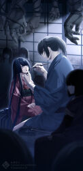 1boy 1girl black_hair commentary_request disembodied_hand doll doll_joints grabbing_another&#039;s_chin hand_on_another&#039;s_chin highres indoors japanese_clothes joints kimono long_hair original painting_(action) ponytail seiza short_hair sitting suzuka_nene very_long_hair