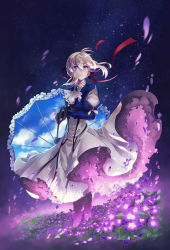 Rule 34 | 1girl, blonde hair, blue eyes, boots, braid, cloud, cross-laced footwear, day, dress, flower, french braid, gloves, glowing, glowing flower, hair between eyes, hair bun, highres, lace-up boots, long sleeves, looking at viewer, lowah, night, night sky, outdoors, single hair bun, sky, solo, standing, star (sky), starry sky, umbrella, violet (flower), violet evergarden, violet evergarden (series), yellow eyes