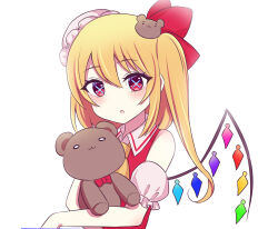 Rule 34 | 1girl, :o, adapted costume, ascot, bare shoulders, blonde hair, flandre day, flandre scarlet, hair between eyes, hat, highres, holding, holding stuffed toy, long hair, mob cap, multicolored wings, one side up, open mouth, red eyes, red shirt, shirt, simple background, sleeveless, sleeveless shirt, solo, stuffed animal, stuffed toy, subaru (subachoco), symbol-shaped pupils, teddy bear, touhou, upper body, white background, wings, x-shaped pupils, yellow ascot