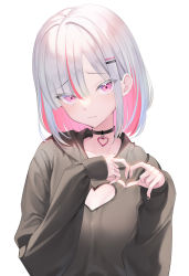 Rule 34 | 1girl, absurdres, black nails, black shirt, breasts, choker, cleavage cutout, clothing cutout, colored inner hair, commentary, dot nose, grey hair, hair ornament, hairclip, head tilt, heart, heart hands, highres, large breasts, long sleeves, looking at viewer, multicolored hair, nail polish, original, pink hair, shinigami (tukiyomiikuto), shirt, simple background, sleeves past wrists, smile, solo, symbol-only commentary, upper body, white background