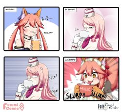 Rule 34 | 3girls, 4koma, alternate costume, anger vein, animal ear fluff, animal ears, animal hands, apron, bell, blue kimono, blue ribbon, braid, breasts, cat hair ornament, cat paws, choker, cleavage, closed eyes, collar, collarbone, comic, commentary, drinking, enmaided, fate/grand order, fate (series), fox ears, fox girl, fox tail, frills, glasses, gloves, hair ornament, hair ribbon, hairband, highres, japanese clothes, jingle bell, keita naruzawa, kimono, koyanskaya (fate), koyanskaya (foreigner) (first ascension) (fate), large breasts, long hair, maid, maid apron, maid headdress, multiple girls, multiple persona, musical note, neck bell, paw gloves, pink hair, ponytail, red ribbon, ribbon, ribbon choker, square 4koma, tail, tamamo (fate), tamamo cat (fate), tamamo cat (second ascension) (fate), tamamo no mae (fate/extra), tongue, tongue out, white-framed eyewear, white apron, yellow eyes