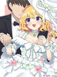 Rule 34 | 1boy, 2girls, alternate costume, blonde hair, blue eyes, bow, breasts, collarbone, commentary request, couple, dress, faceless, faceless male, formal, frills, grabbing, grabbing another&#039;s breast, groping, hat, hat ribbon, hetero, highres, holding hands, looking at another, medicine melancholy, medicine melancholy (white lily of the nameless hill), medium breasts, multiple girls, ribbon, short hair, smile, su-san, suit, tada no nasu, textless version, touhou, touhou lostword, wavy hair, wedding dress, white headwear