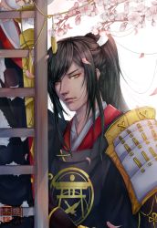 Rule 34 | 10s, 1boy, absurdres, armor, bad id, bad pixiv id, black hair, cherry blossoms, hair in own mouth, high ponytail, highres, japanese armor, japanese clothes, male focus, ponytail, shoulder armor, sode, solo, tarou tachi, touken ranbu, weisuomu rache, yellow eyes