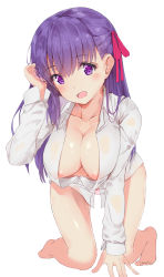 Rule 34 | 1girl, adjusting hair, all fours, barefoot, bow, bow panties, breasts, cleavage, collarbone, commentary request, downblouse, dress shirt, fate/stay night, fate (series), full body, hair ribbon, hand up, highres, kneeling, large breasts, long hair, long sleeves, looking at viewer, matou sakura, minikon, nipple slip, nipples, no pants, open mouth, panties, pink panties, pink ribbon, purple eyes, purple hair, ribbon, shirt, simple background, smile, solo, underwear, white background, white shirt
