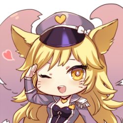 Rule 34 | 1girl, ;d, ahri (league of legends), alternate costume, alternate hair color, alternate hairstyle, animal ears, blonde hair, blush, bow, chibi, cosplay, epaulettes, facial mark, fox ears, fox tail, girls&#039; generation, hand up, hat, hat bow, heart, heart necklace, jacket, jewelry, league of legends, long hair, long sleeves, looking at viewer, lowres, momoko (momopoco), multiple tails, necklace, one eye closed, open clothes, open jacket, open mouth, peaked cap, popstar ahri, salute, simple background, smile, solo, tail, uniform, upper body, very long hair, wavy hair, whisker markings, white background, wink, yellow eyes
