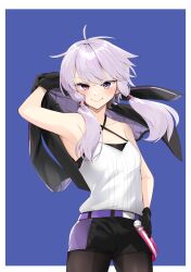 Rule 34 | 1girl, armpits, belt, black pantyhose, black shorts, border, closed mouth, collarbone, cowboy shot, criss-cross halter, floating hair, gloves, grey eyes, grey hair, halterneck, hand on own hip, highres, holding, holding clothes, holding jacket, jacket, long hair, looking at viewer, low twintails, outside border, pantyhose, pantyhose under shorts, purple belt, shirt, short shorts, shorts, sleeveless, sleeveless shirt, smile, solo, standing, twintails, voiceroid, white border, white gloves, white shirt, yuzuki yukari, zooanime