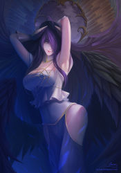 Rule 34 | albedo (overlord), armpits, arms up, black feathers, black hair, black wings, breasts, cleavage, clothing cutout, demon girl, demon horns, dress, feathered wings, feathers, gloves, hair over one eye, highres, hip vent, horns, low wings, navel, ousang, overlord (maruyama), side cutout, slit pupils, smile, solo, white dress, white gloves, wings, yellow eyes
